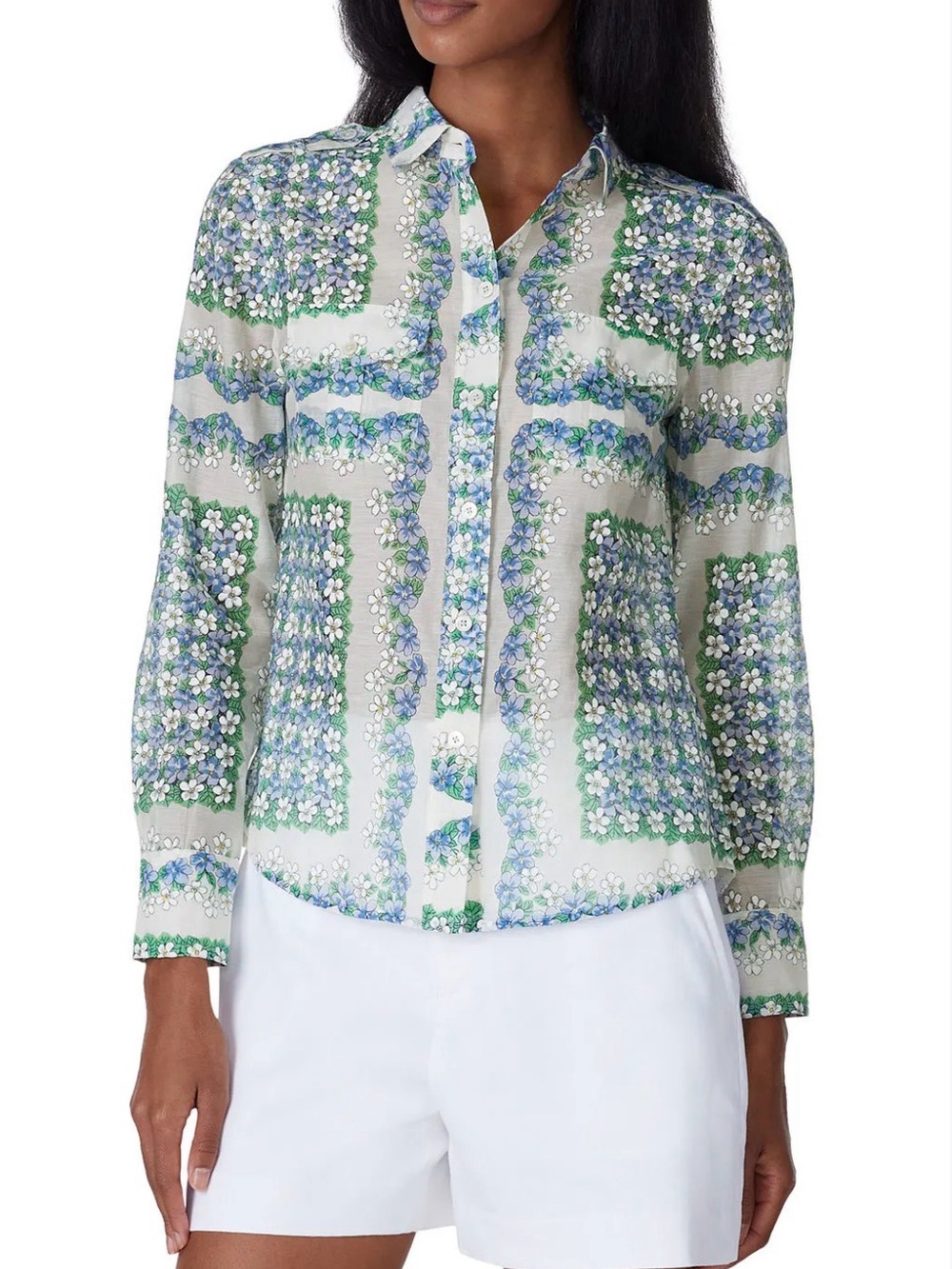 Tory Burch Green, Blue & White Floral Button-Down Shirt
